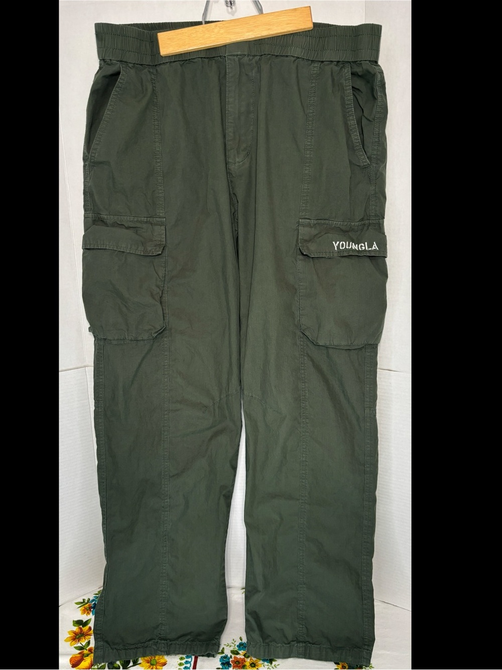 YoungLA Mens sz L Olive Cargo Pants with Utility Pockets Lightweight Spring